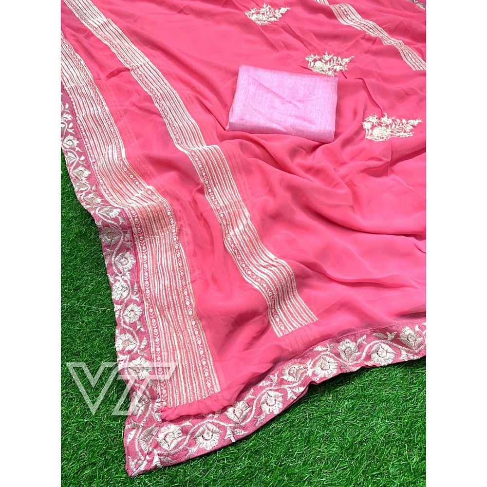 pink faux georgette embroidered ceremonial saree