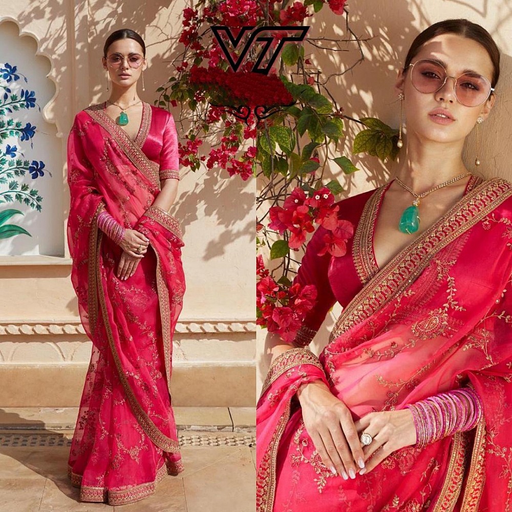 pink rangoli georgette designer embroidered wedding saree
