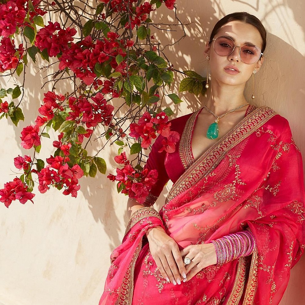pink rangoli georgette designer embroidered wedding saree