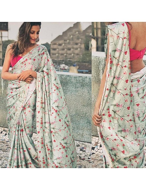 sea green digital printed casual wear saree with moti lace