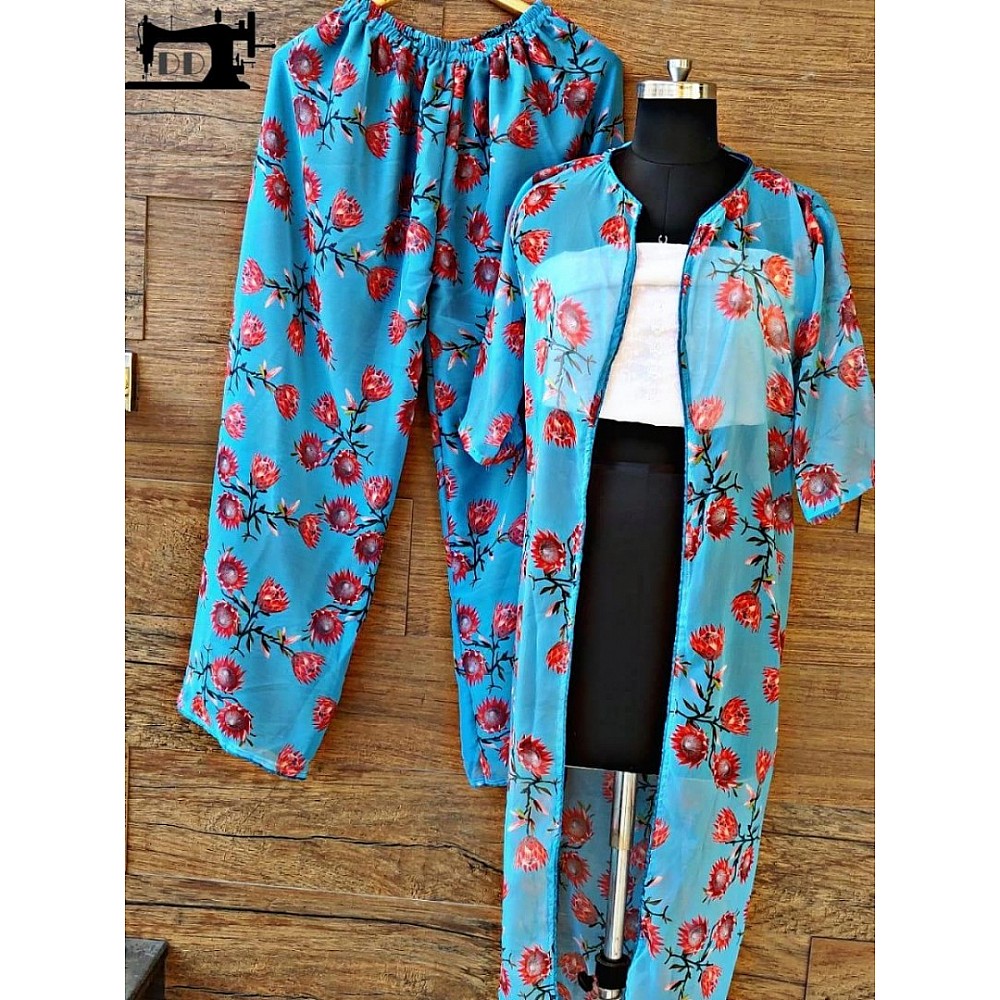 sky blue georgette printed plazzo suit with jacket