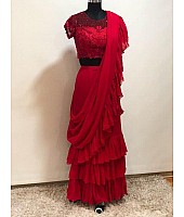 Red Stylist partywear ruffle saree with net embroidered blouse