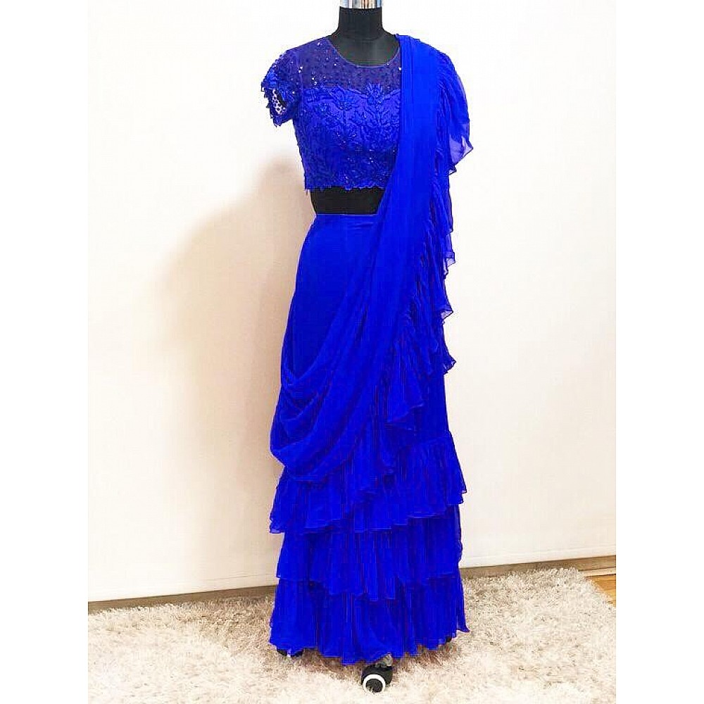 Blue Stylist partywear ruffle saree with net embroidered blouse