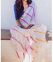 white georgette printed festival wear saree