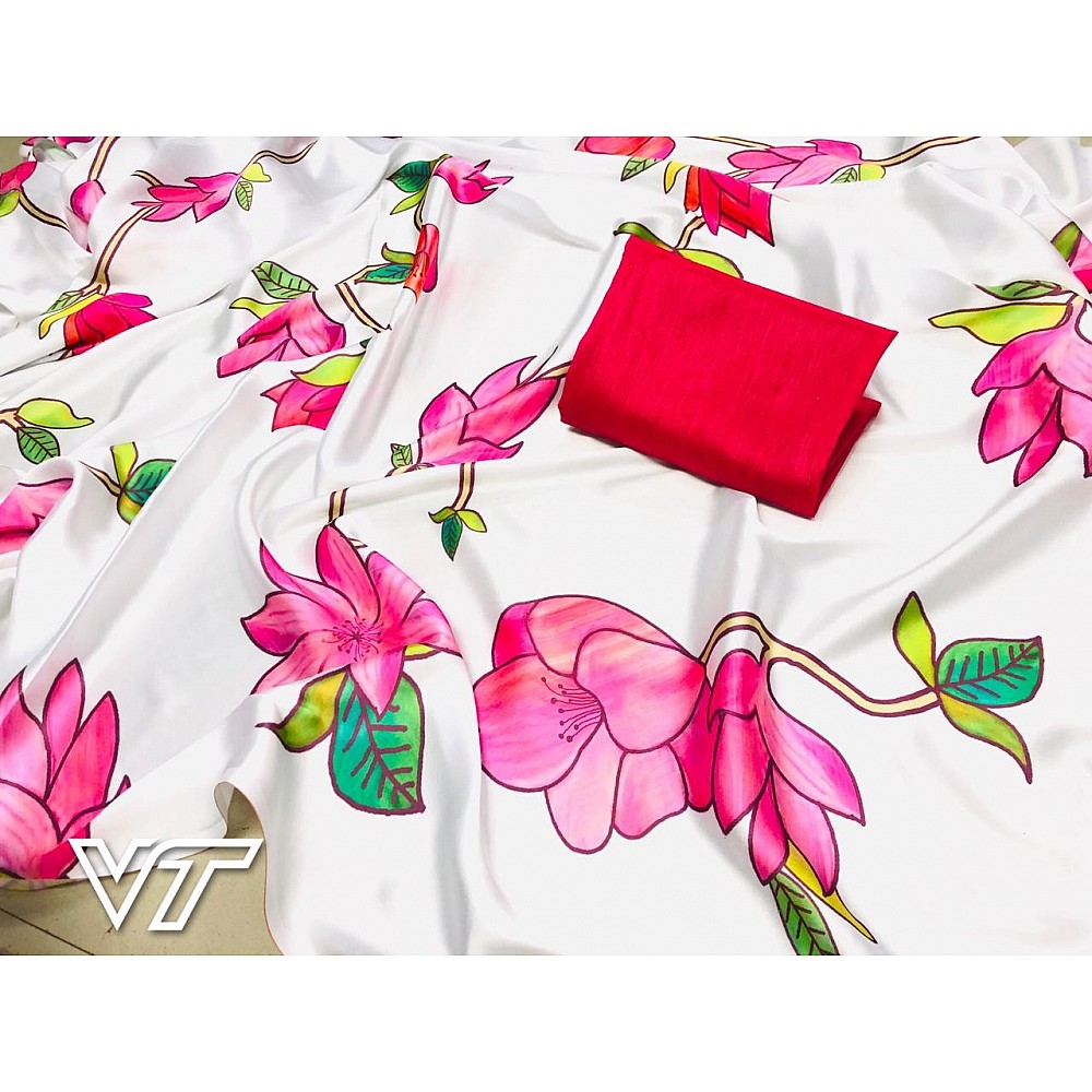 white satin digital flower printed partywear saree