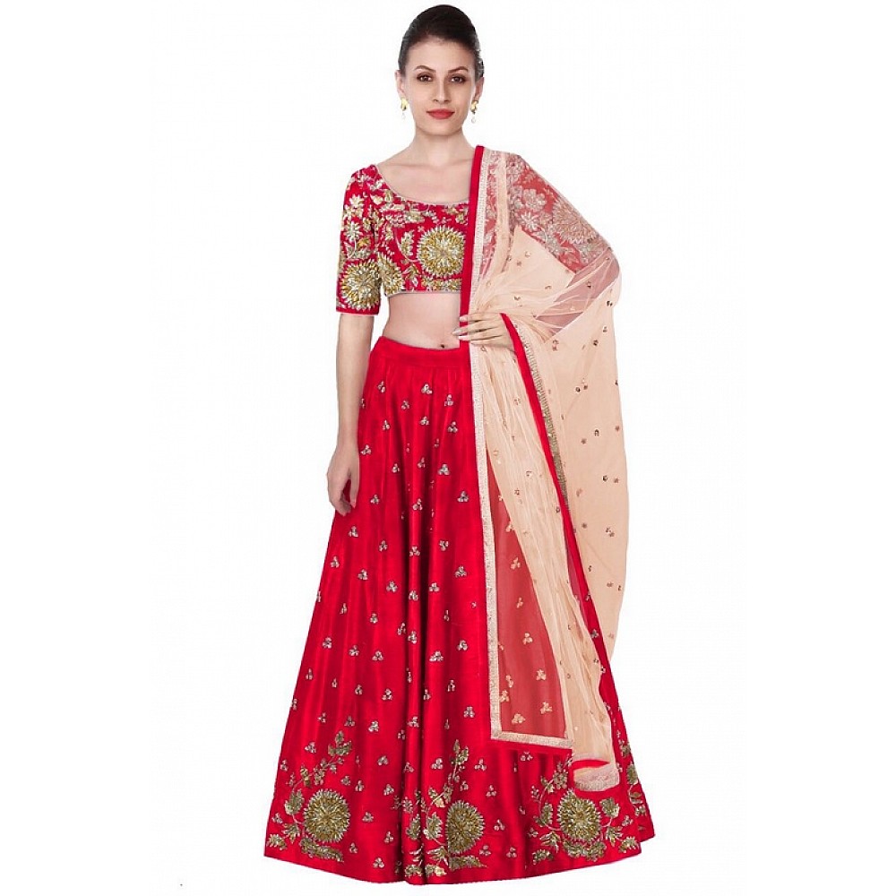 Red art silk elegant embroidered wedding lehenga