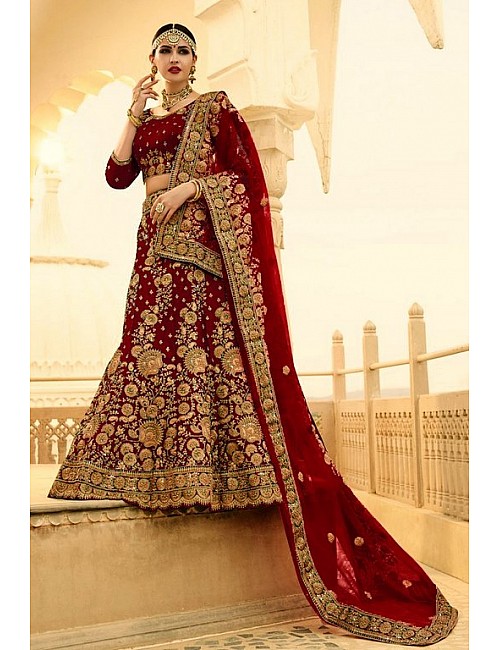 Heavy maroon phantom silk embroidered bridal lehenga