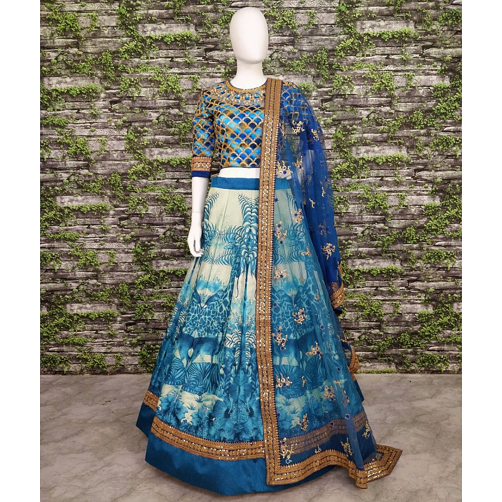 Blue chennai silk beautiful printed stone and embroidered designer ceremonial lehenga
