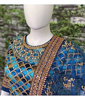 Blue chennai silk beautiful printed stone and embroidered designer ceremonial lehenga