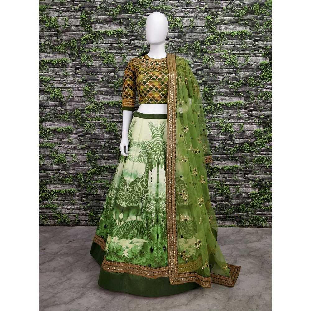 green chennai silk beautiful printed stone and embroidered designer ceremonial lehenga