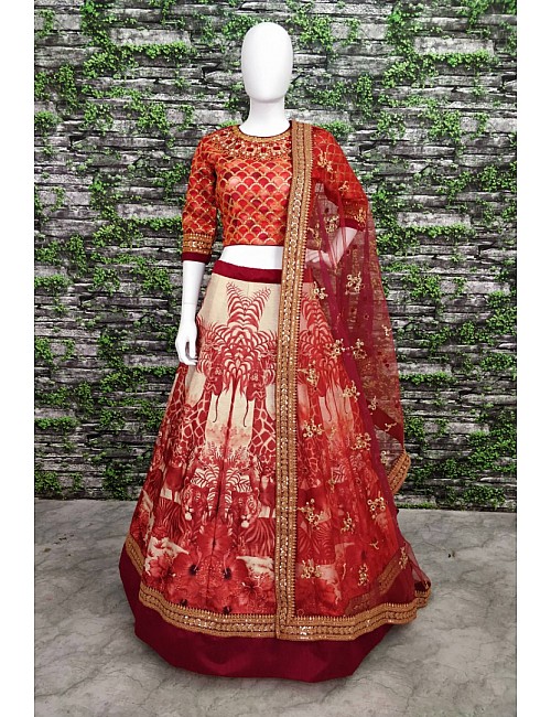 Red chennai silk beautiful printed stone and embroidered designer ceremonial lehenga