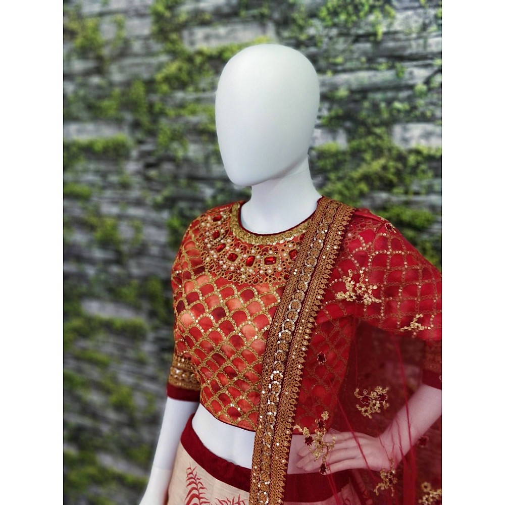 Red chennai silk beautiful printed stone and embroidered designer ceremonial lehenga