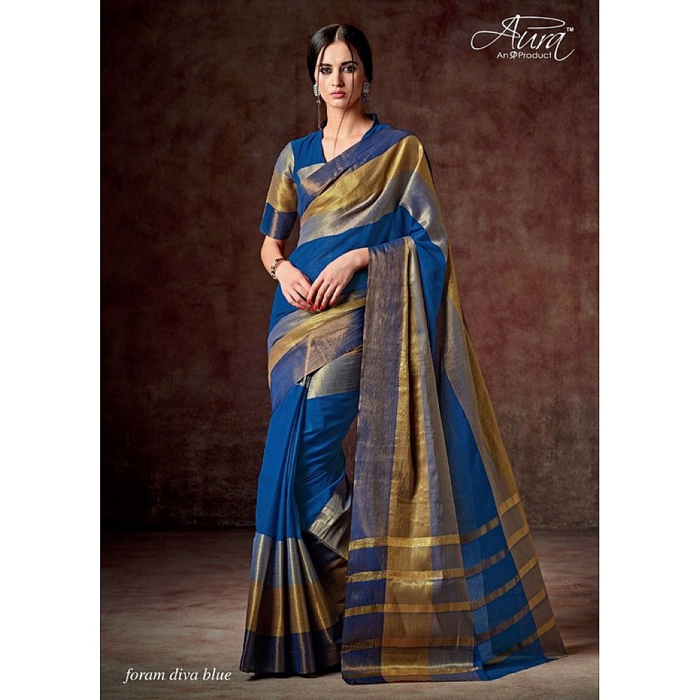 Aura Cotton silk blue and gold saree