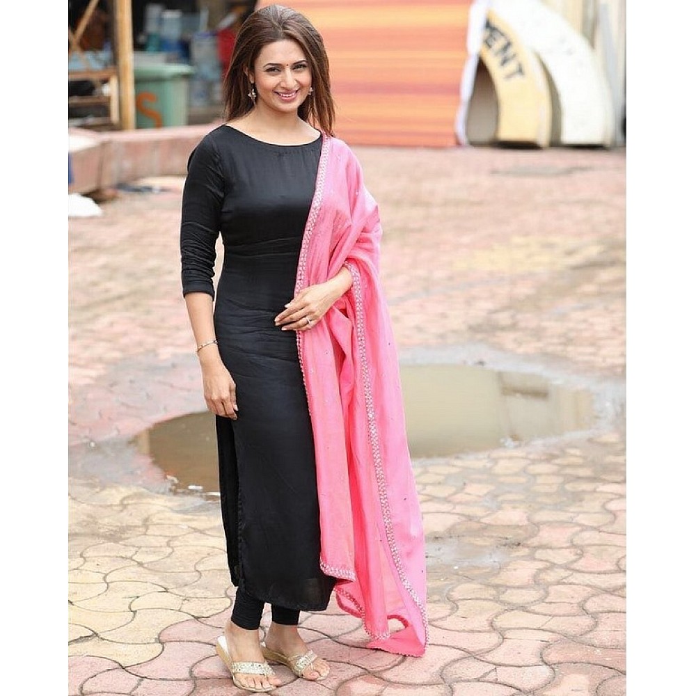Beautiful black cotton dress with pink pearl work dupatta