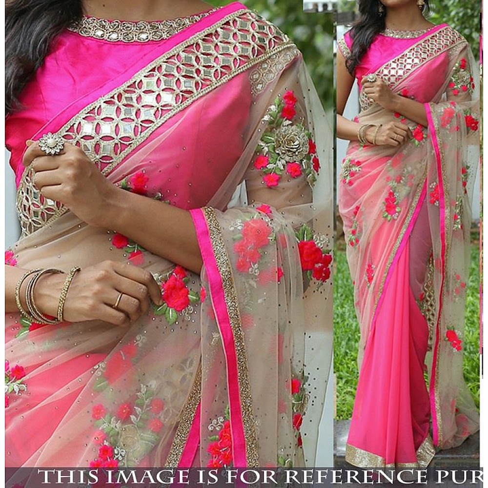 Beautiful cream and pink embroidered saree