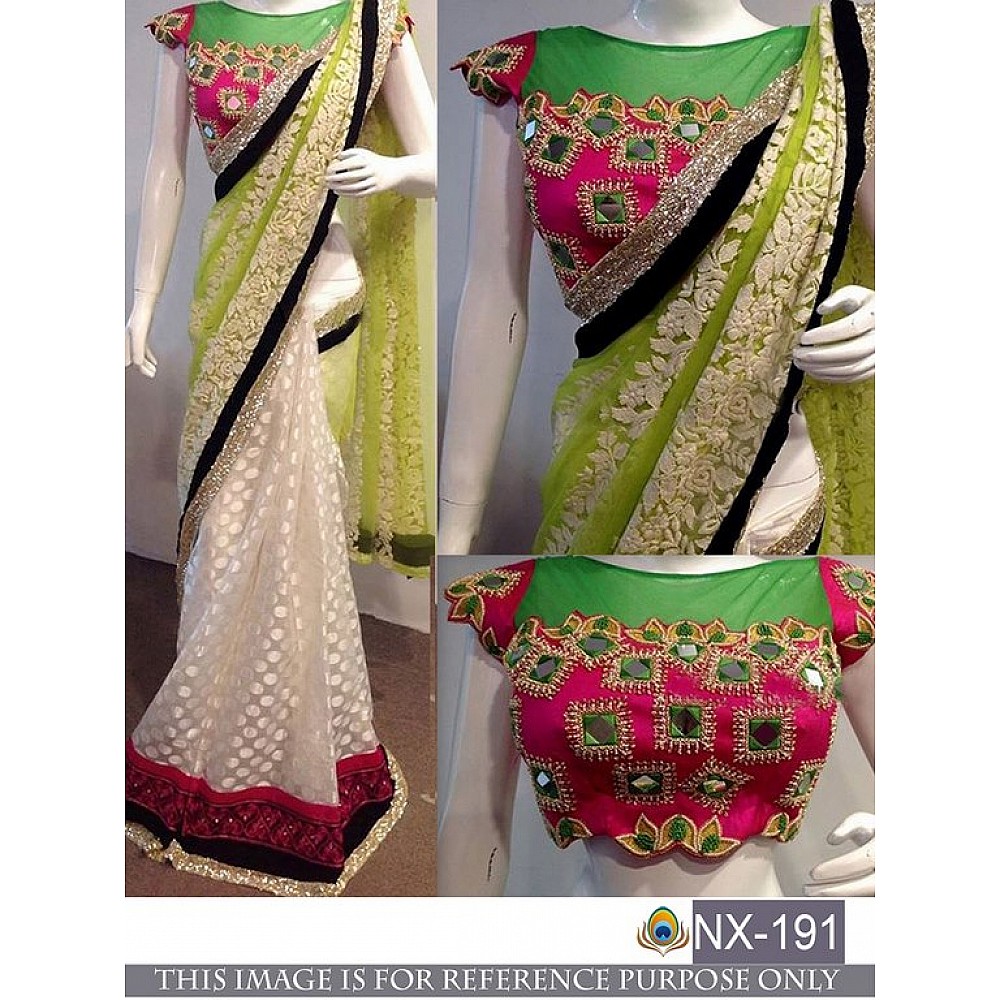 Beautiful designer parrot green and white embroidered saree