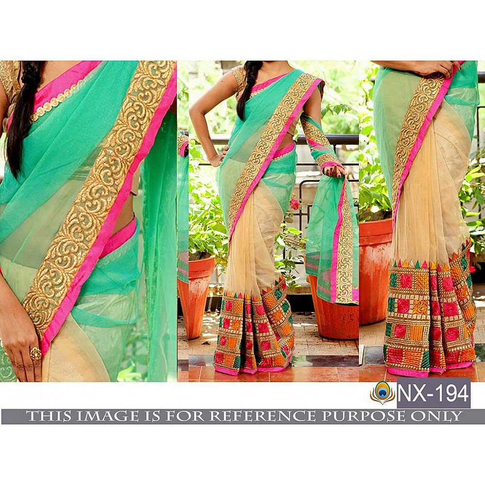 Beautiful designer rama and cream embroidered saree