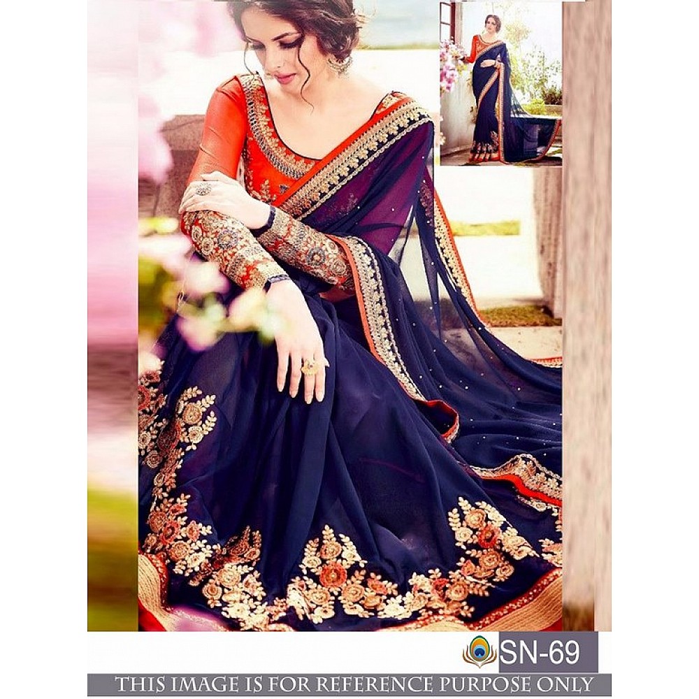 Beautiful embroidered blue wedding saree