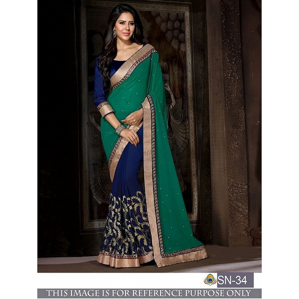 Beautiful green and blue embroidered wedding saree