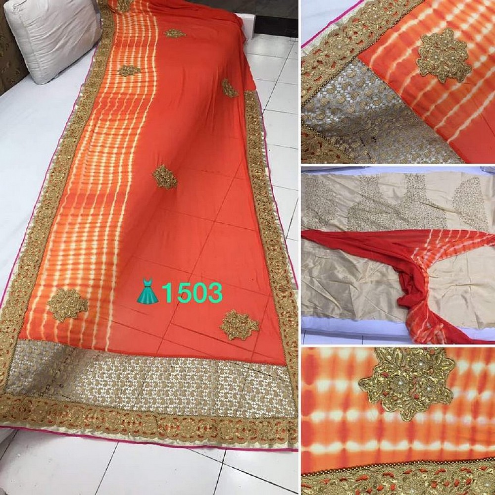 beautiful shibori georgette orange embroidered saree