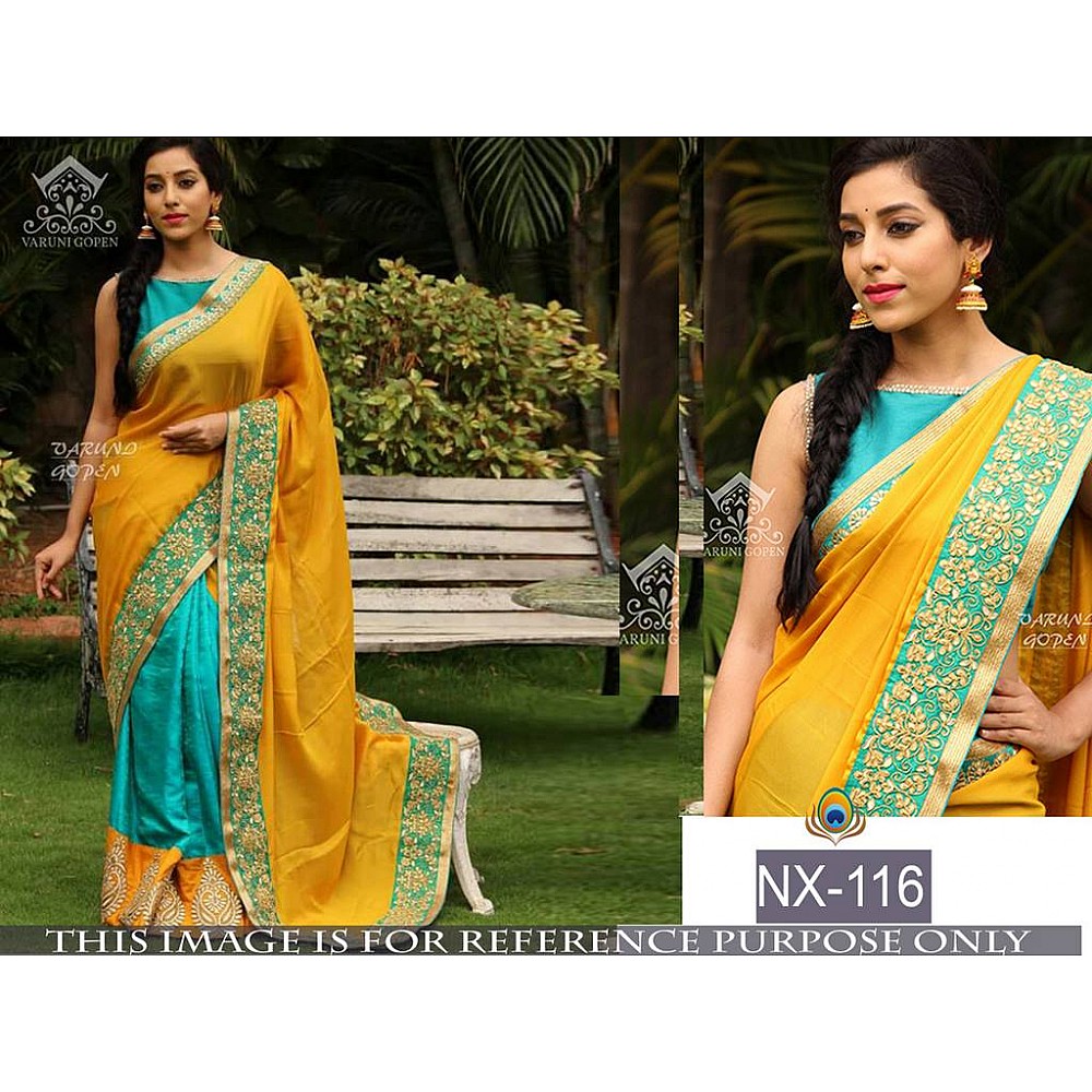 Beautiful yellow and rama paper silk saree