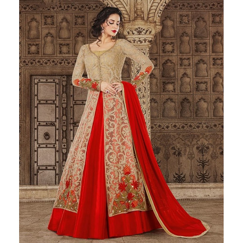 Beige Colored Art Silk Thread & Jari Embroidery With Stone Work Semi Stitched gown