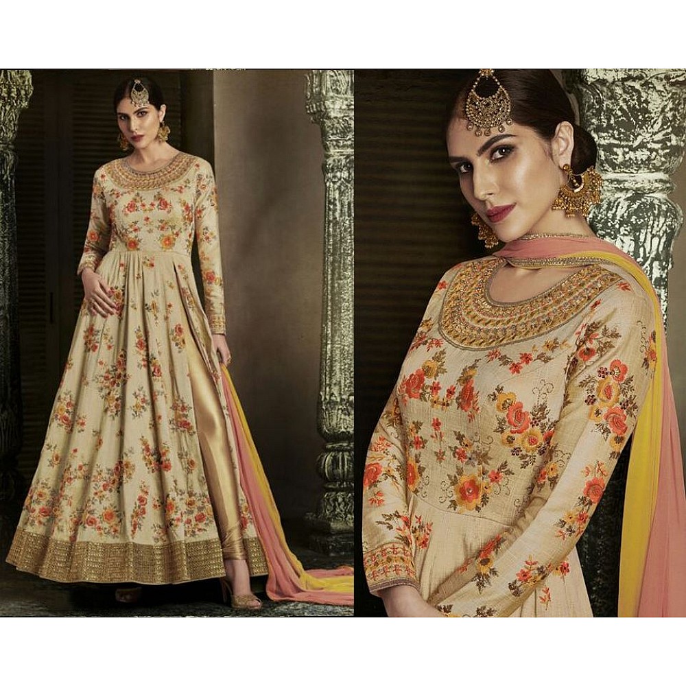 Beige Colored Handloom Silk Embroidered Semi Stitched anarkali Suit
