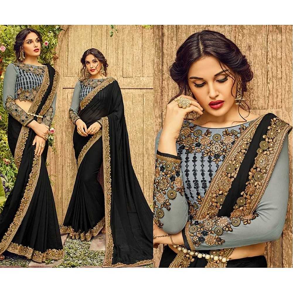 Black georgette silk partywear saree with fancy emboridered blouse