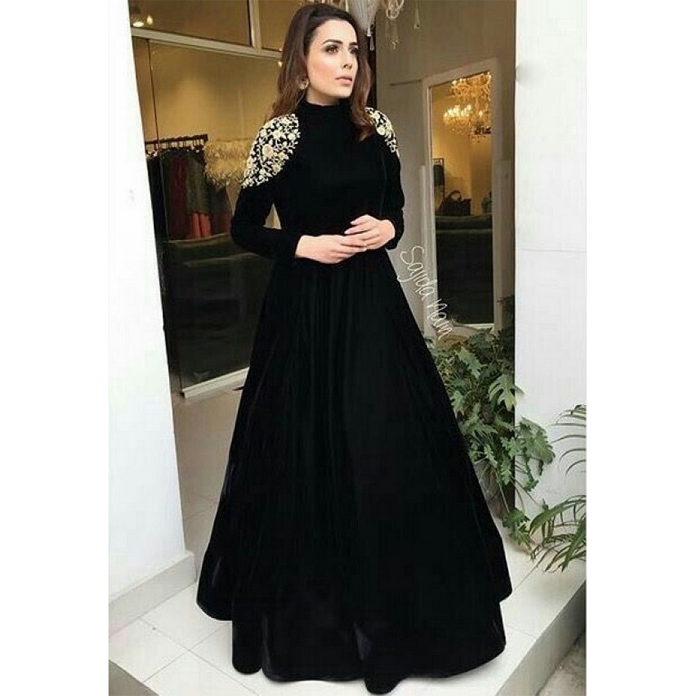 Black tapeta silk embroidered partywear gown