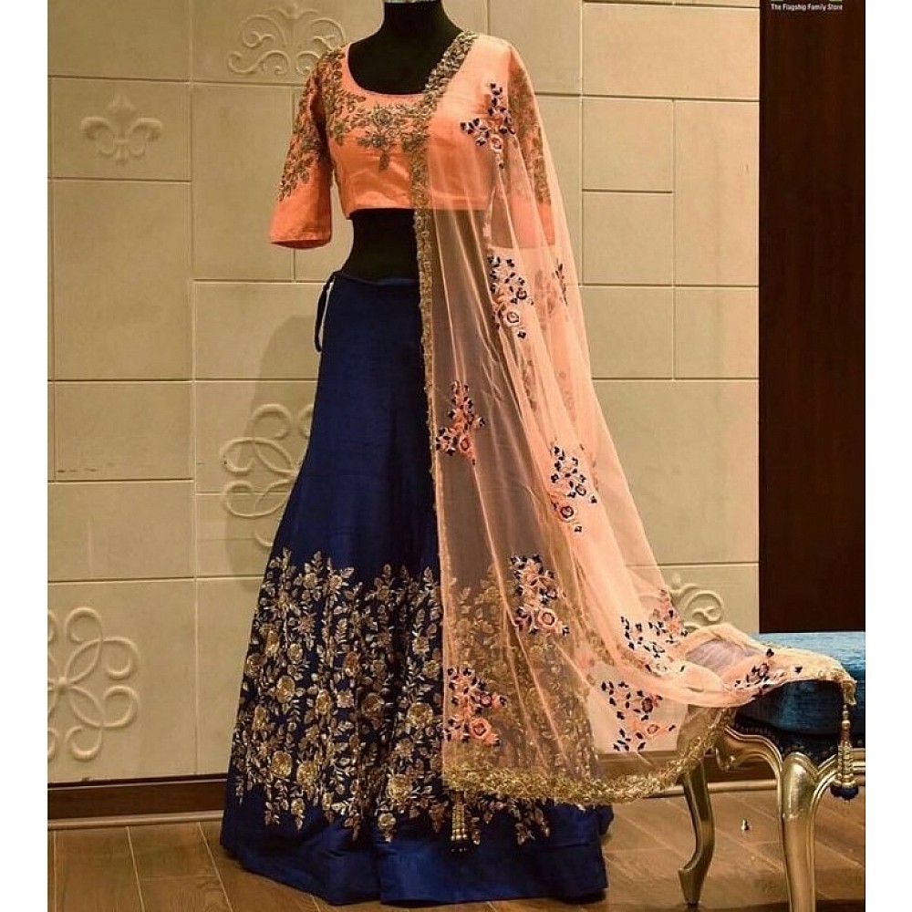 blue banglori silk embroidered wedding lehenga