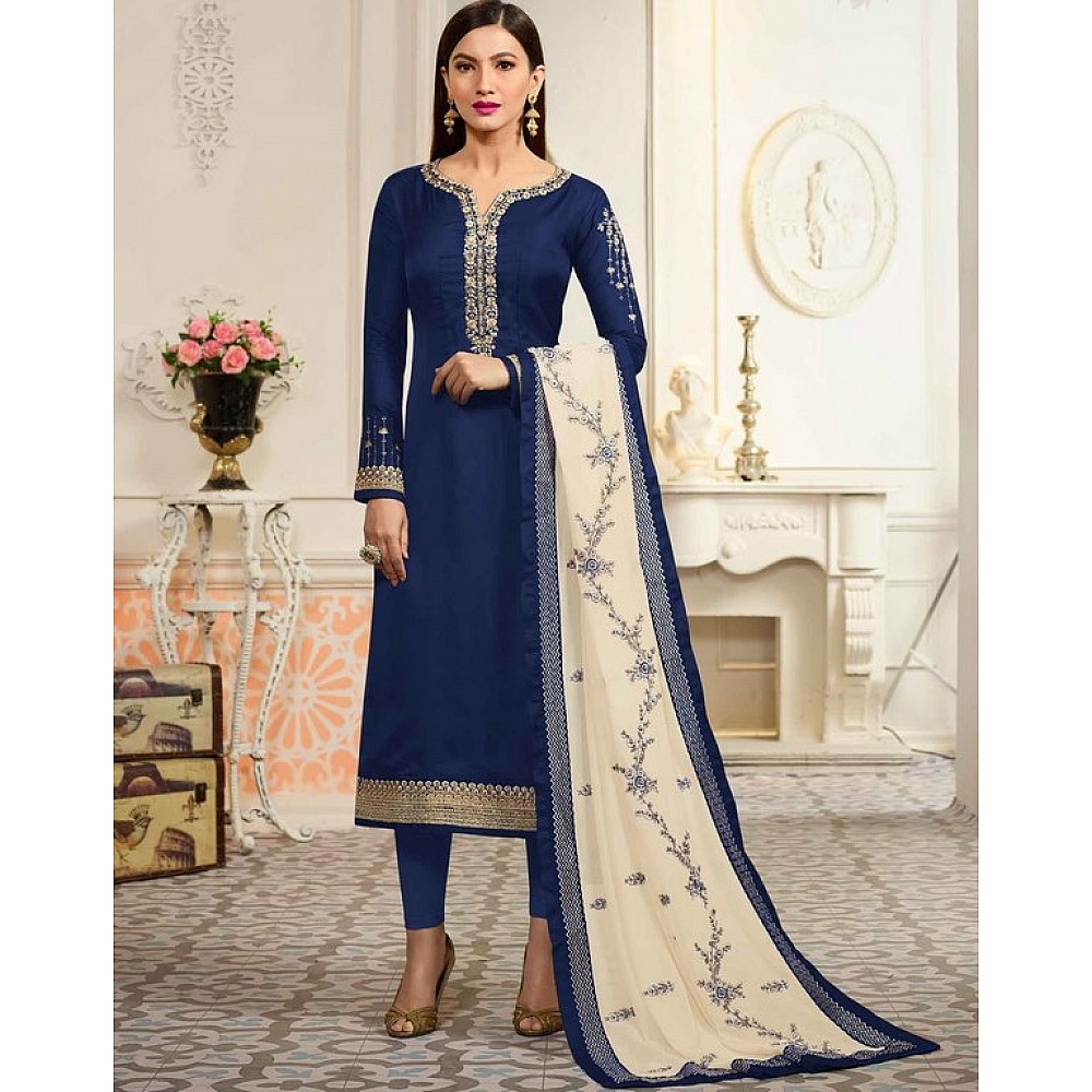 Blue Colored Georgette & Satin Digital Zari & Resham Embroidered Semi Stitched Salwar Suit