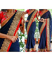Blue georgette heavy embroidery border saree with blouse