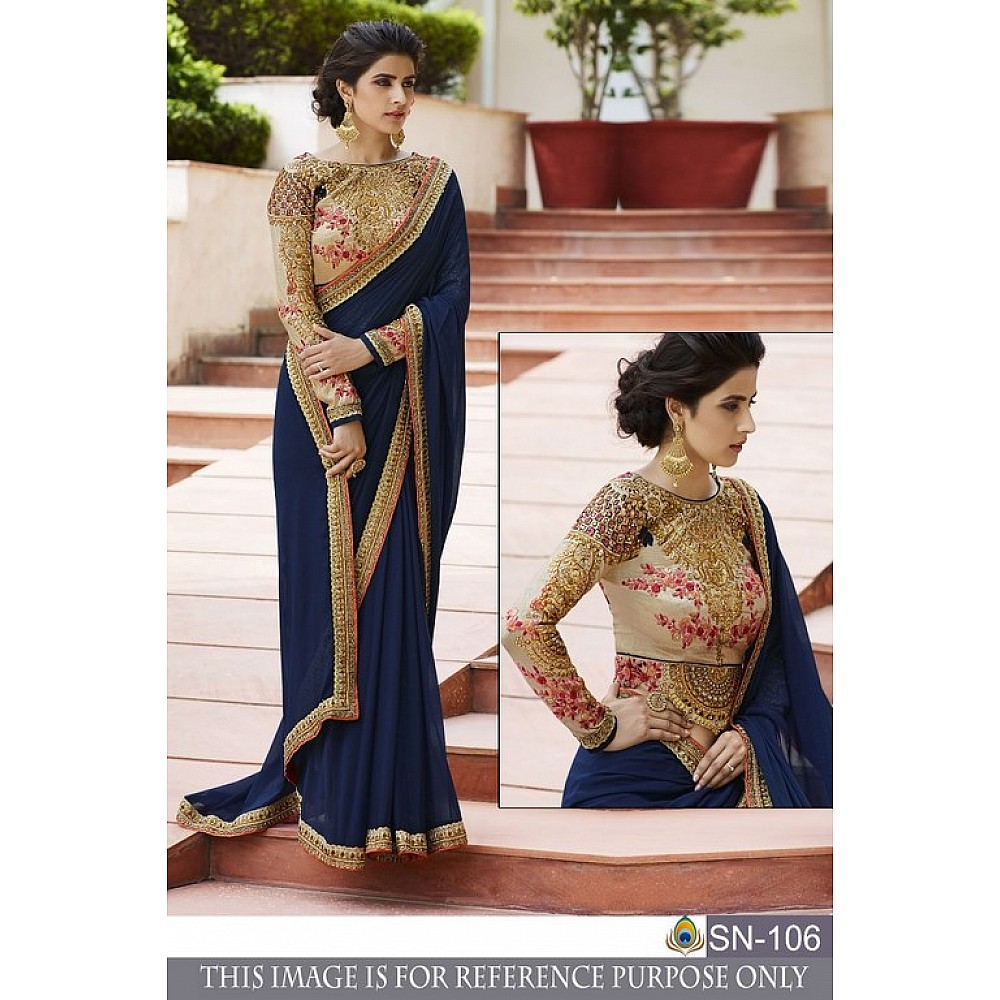 Blue georgette wedding saree with heavy embroidered blouse