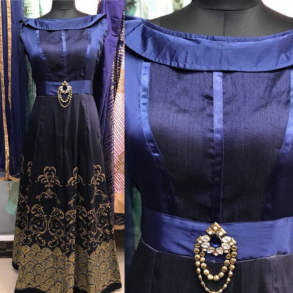 blue malai satin and malbari silk handworked gown