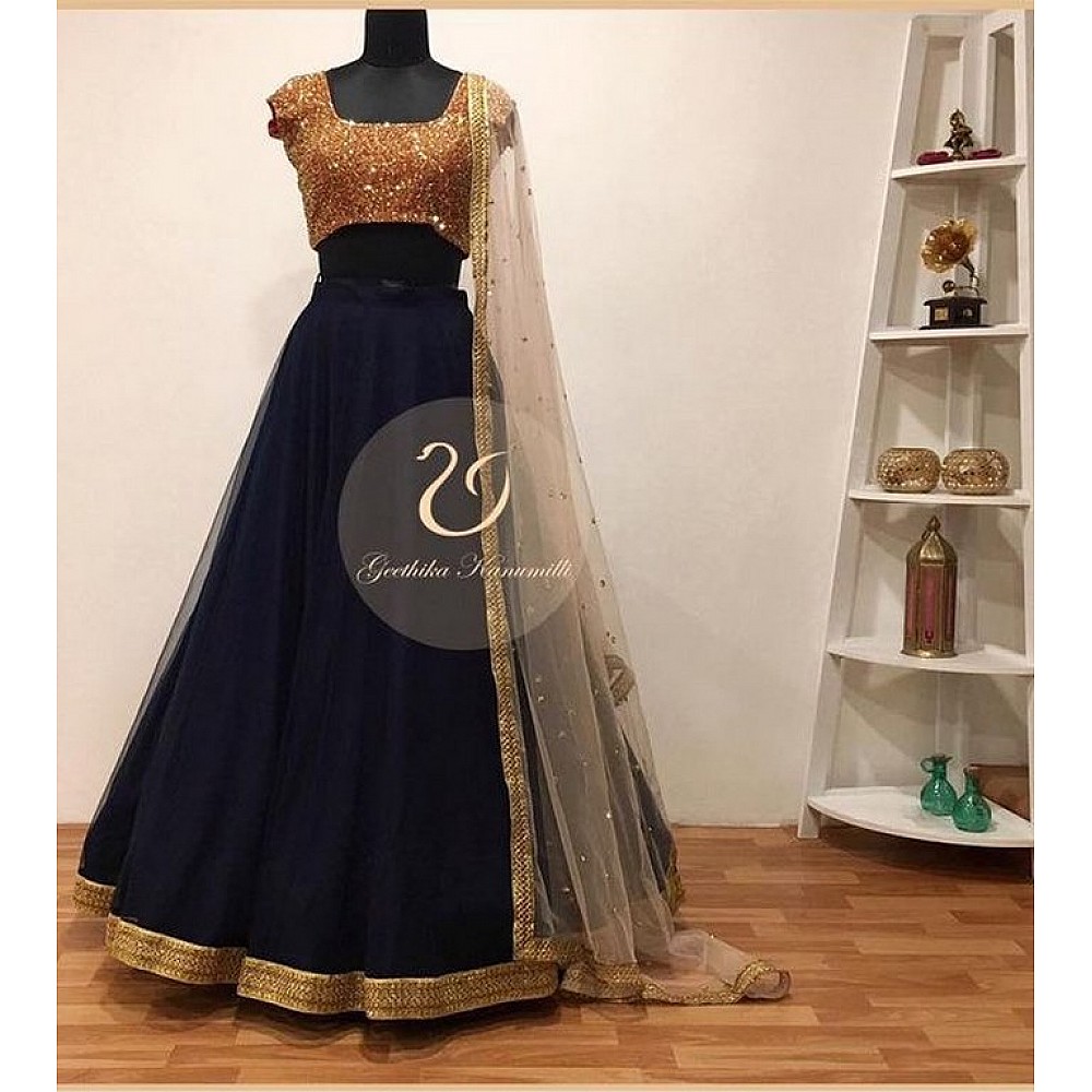 Blue net lehenga with sequence work blouse