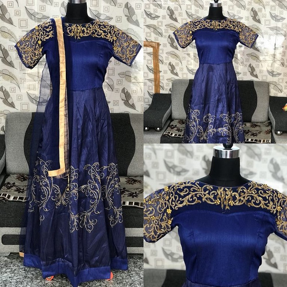 Blue phantom silk handworked wedding anarkali suit