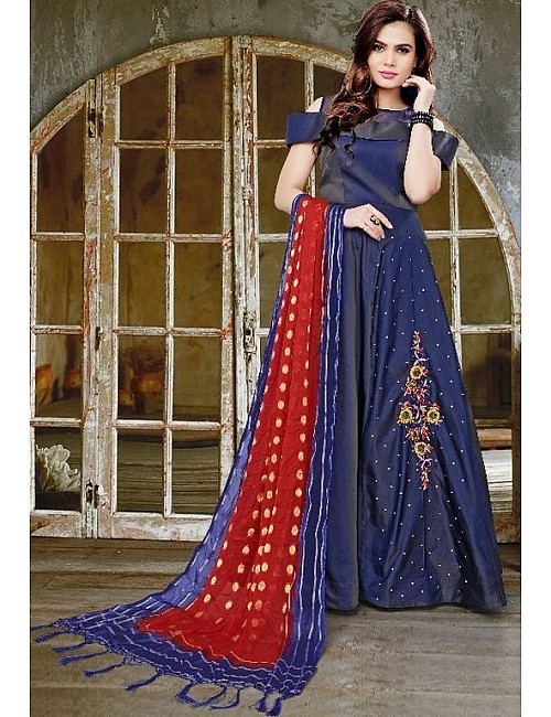 blue velvet silk with khatli work partywear salwar suit