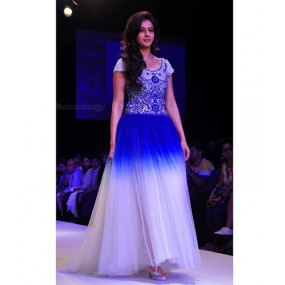 Bollywood style designer blue and white gown