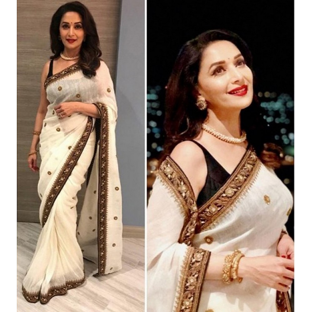 Bollywood style white embroidered saree