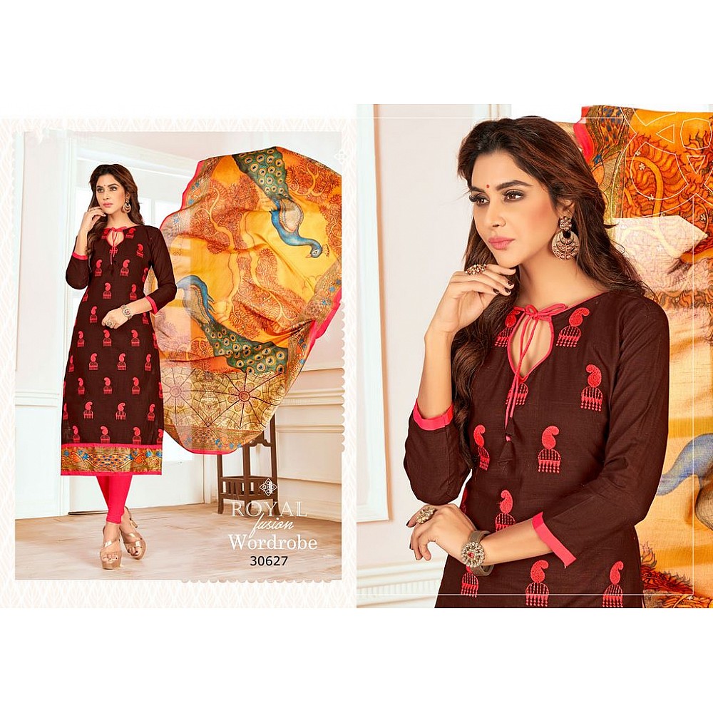 Brown Colored Salab cotton Thread Work & Digital Printed Un-Stitched Dress Material