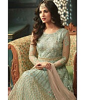 Cyan Colored Net Heavy Embroidered Semi Stitched anarkali Suit