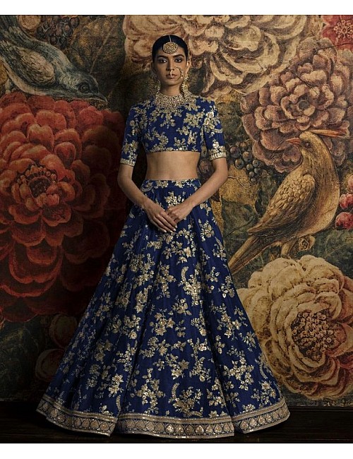 Dark blue banglori silk heavy embroidered bridal wedding lehenga