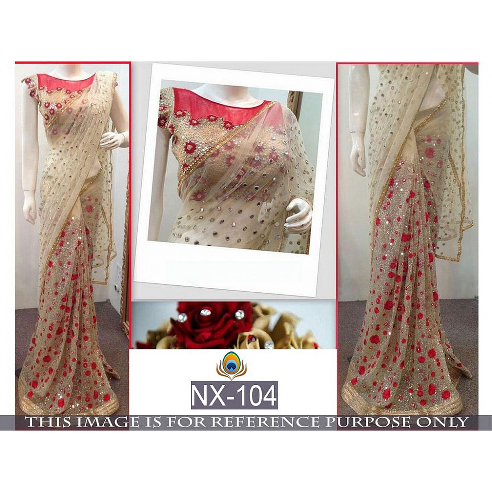Designer embroidered cream saree