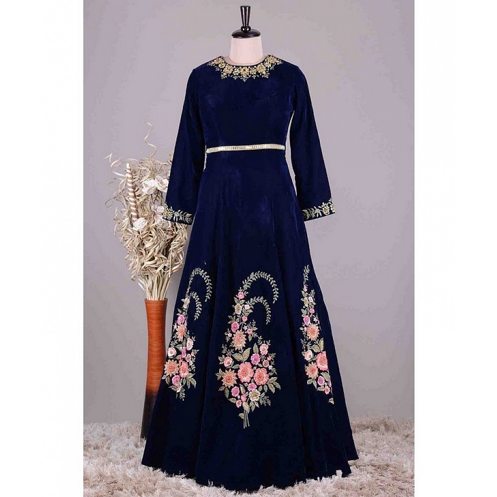 Designer embroidered navy blue heavy velvet ceremonial gown