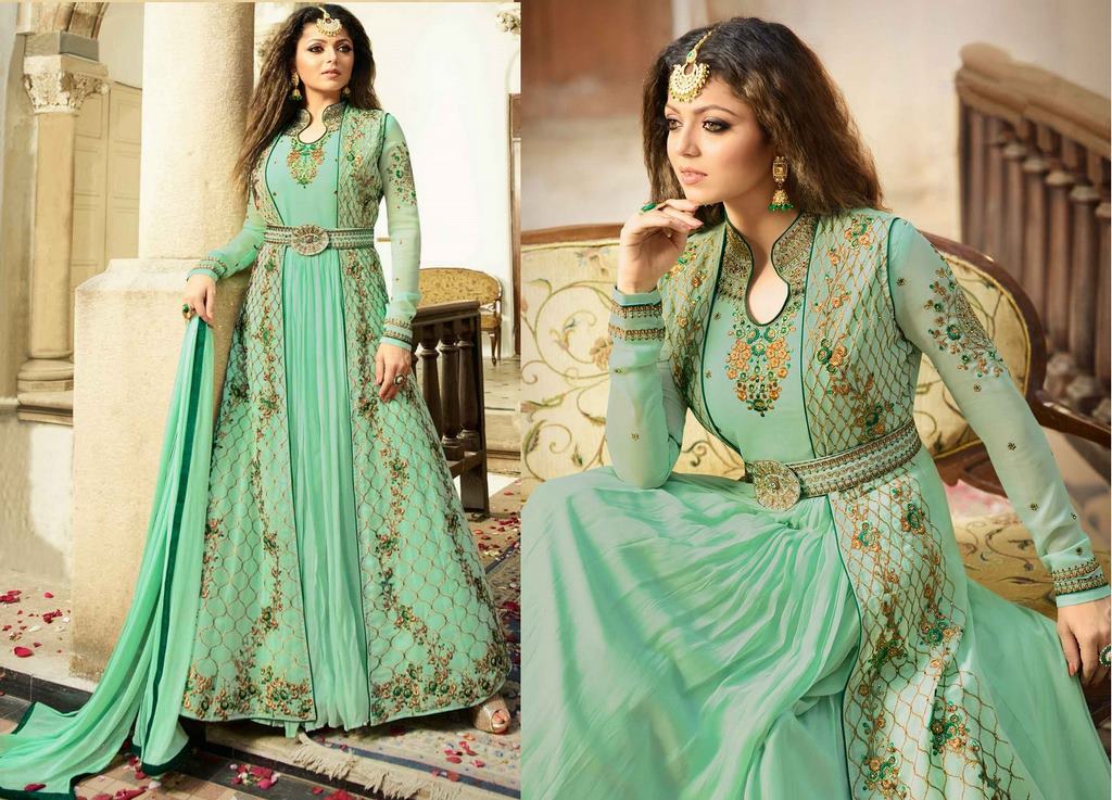 Sea Green Dress with Embroidered Organza Jacket  Jasmine Bains