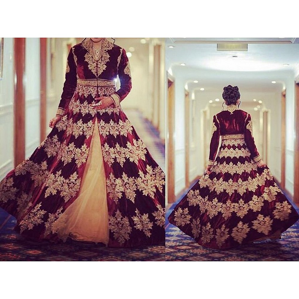 designer heavy embroidered maroon Bridal Indo westurn Gown