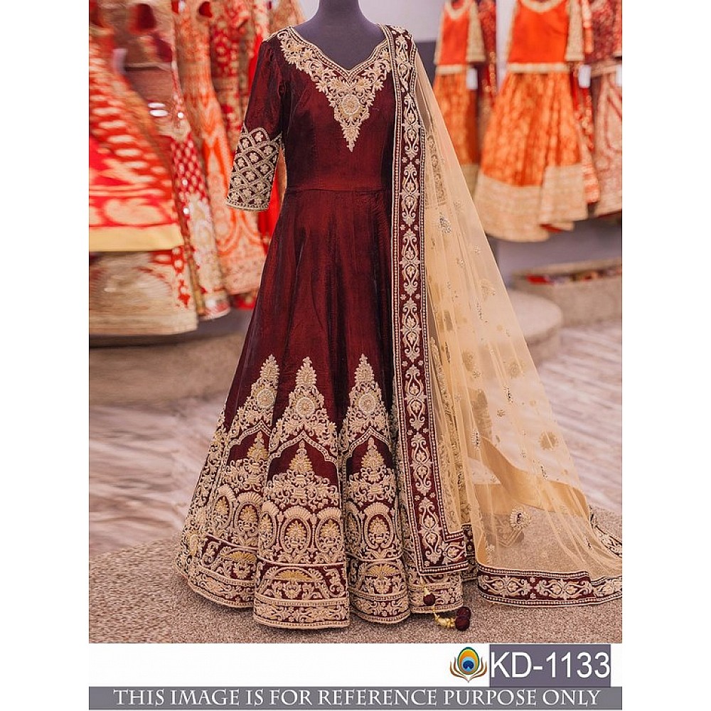 Designer heavy embroidered maroon gown with dupatta