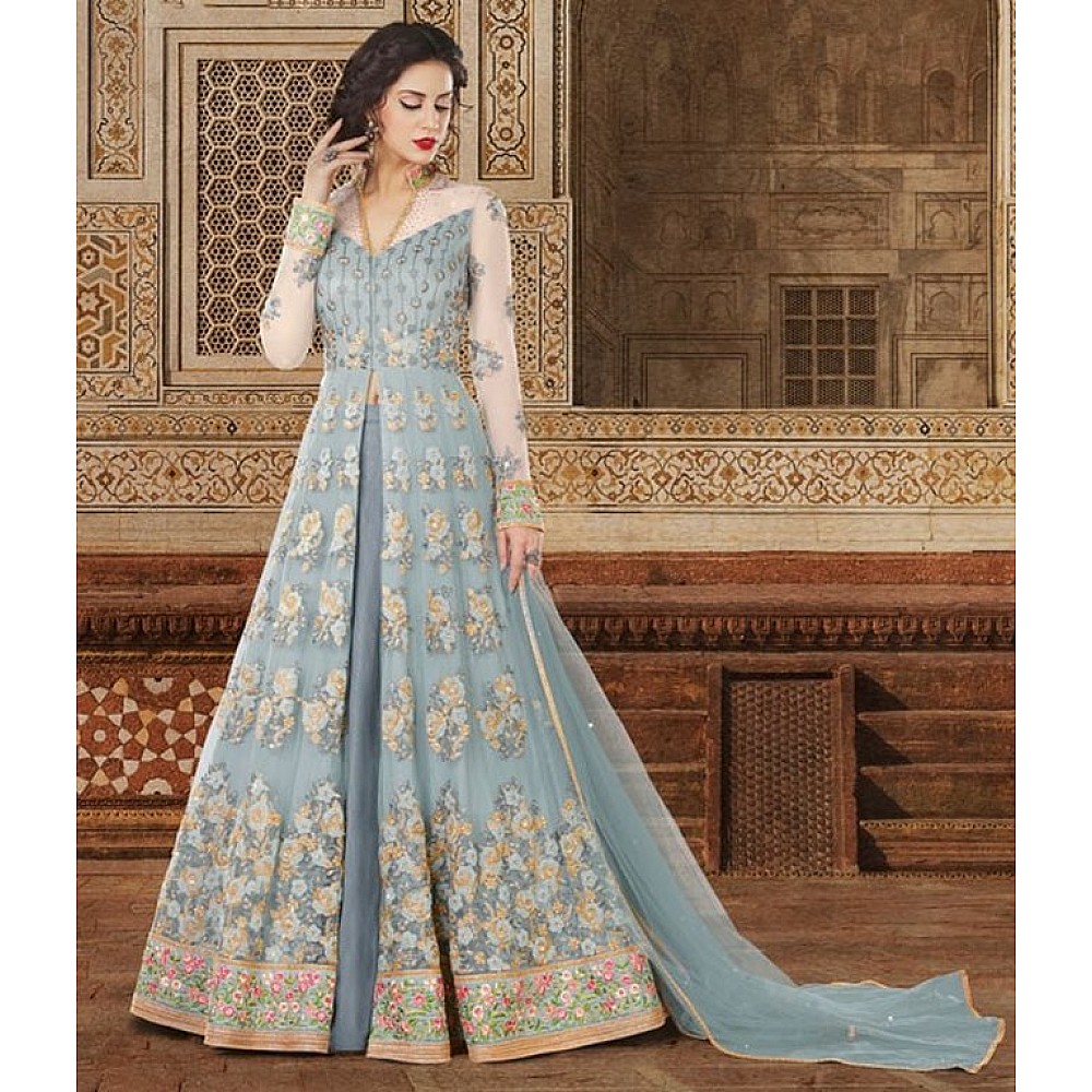 Designer heavy embroidered sky blue embroidered wedding gown