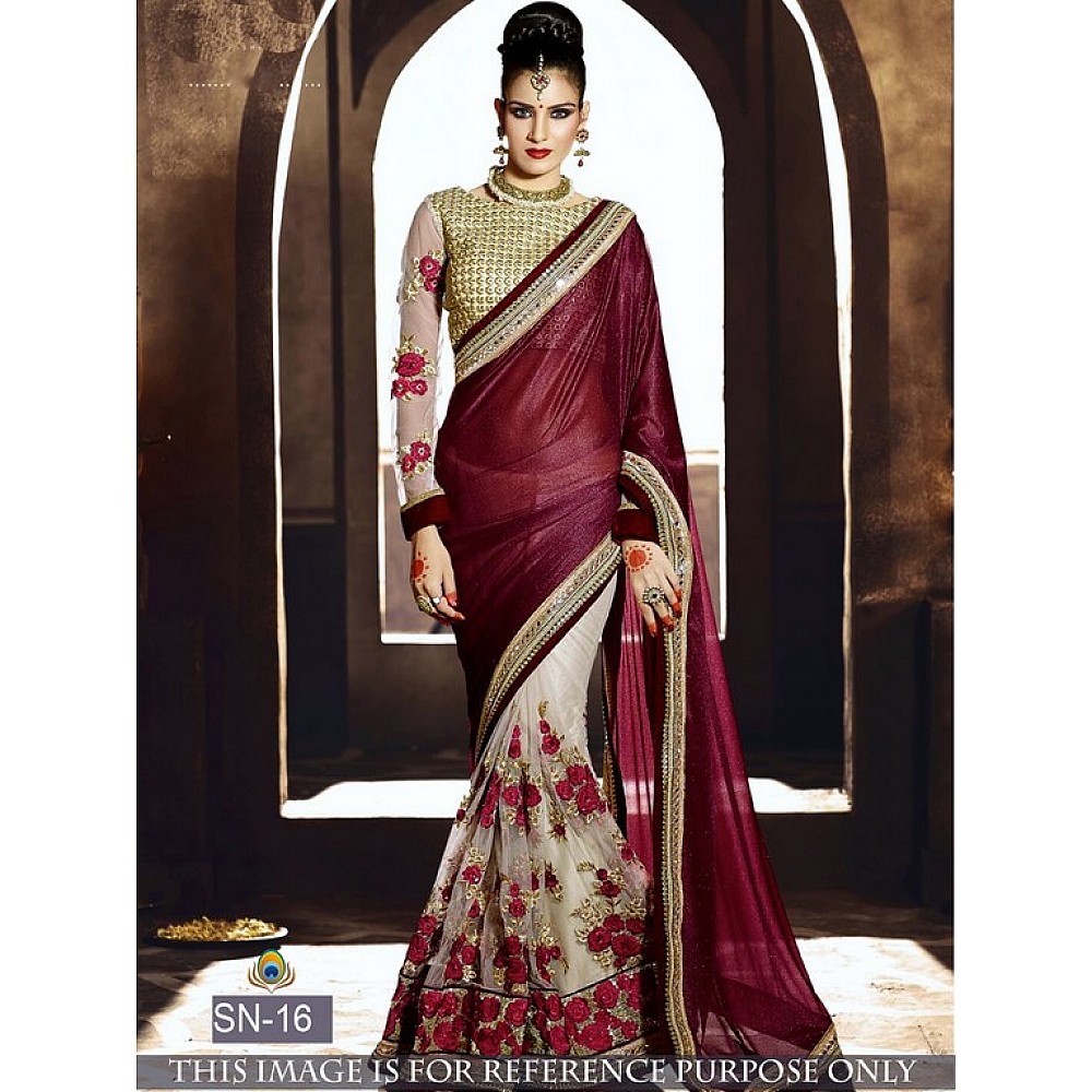 Designer heavy embroidered wine colour wedding saree