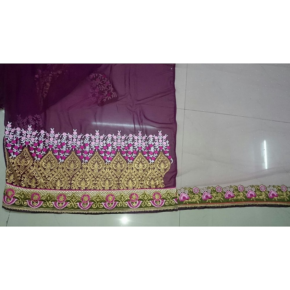 Designer heavy pink and purple embroidered saree